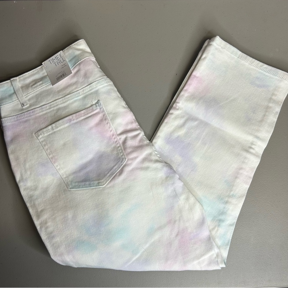 Time & Tru Straight High Rise White Denim Jeans Pant Crop Tie Dye 25" Inseam NWT - Picture 1 of 5
